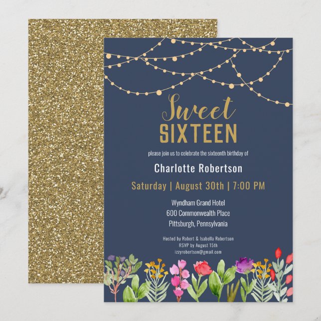 Modern Gold Glitter Sweet 16 Birthday Invitation (Front/Back)
