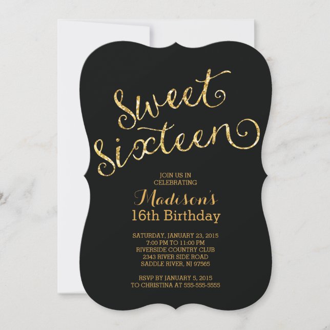 Modern Gold Glitter Sweet Sixteen Birthday Party Invitation (Front)