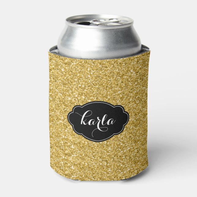 Modern Gold Glitter Texture Black Accents Can Cooler (Can Front)