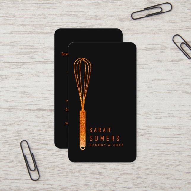 Modern Gold Glitter Whisk Bakery Business Card (Front/Back In Situ)