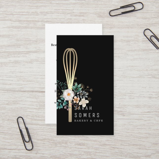 Modern Gold Glitter Whisk Bakery Business Card (Front/Back In Situ)