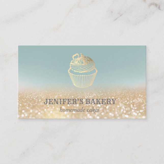 Modern gold glittery cupcake homemade bakery business card (Front)