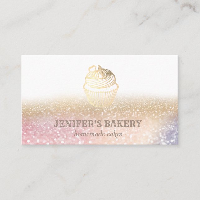 Modern gold glittery cupcake homemade bakery business card (Front)