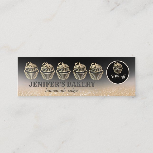 Modern gold glittery cupcake homemade bakery mini business card (Front)