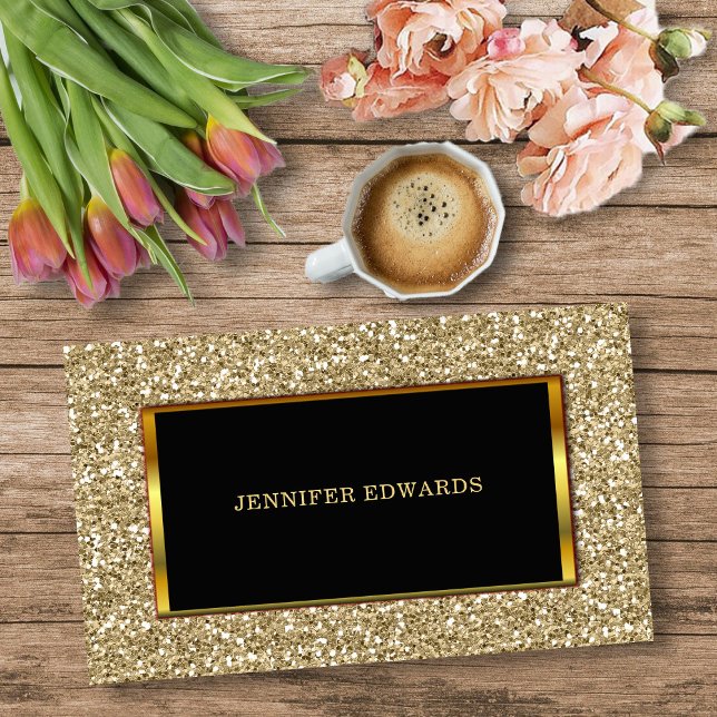 Modern Gold golden Glitter stylish professional Business Card (Modern Gold golden Glitter, black gold frame, stylish professional Business Card.)