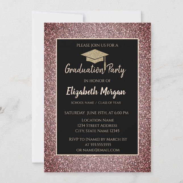  Modern Gold Grad Cap Rose Gold Glitter  Invitation (Front)