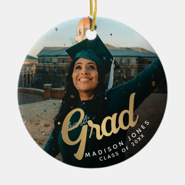 Modern Gold Grad Photo Graduation Ceramic Tree Decoration (Front)