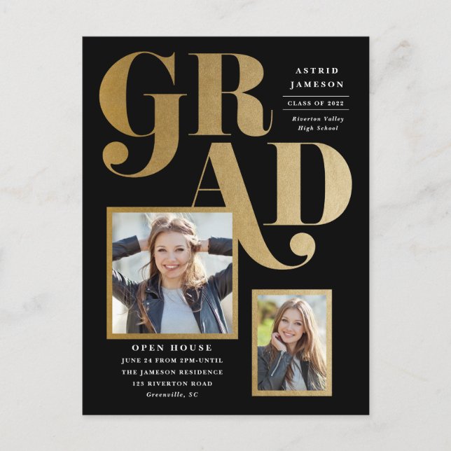 Modern Gold Grad Photo Graduation Invitation Postcard (Front)