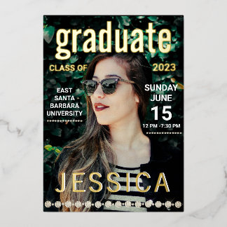 Modern Gold Graduate Magazine Cover Photo Party Foil Holiday Card