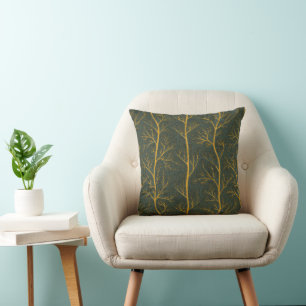 Modern Gold Graphic Tree Branches Cushion