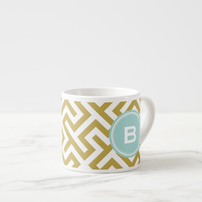 Modern gold greek key geometric patterns monogram espresso cup (Front Right)