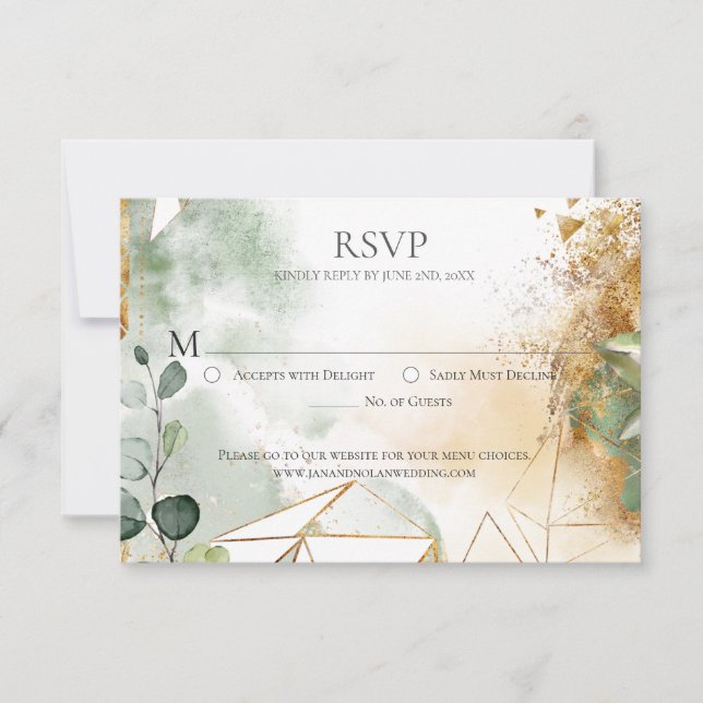 Modern Gold Green Botanical Geometric Wedding RSVP (Front)