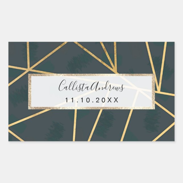 Modern Gold Green Brushstroke Geometric Rectangular Sticker (Front)
