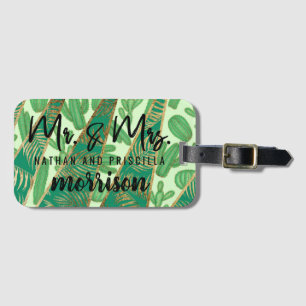 Modern Gold Green Cactus Palm Leaf Geometric Luggage Tag