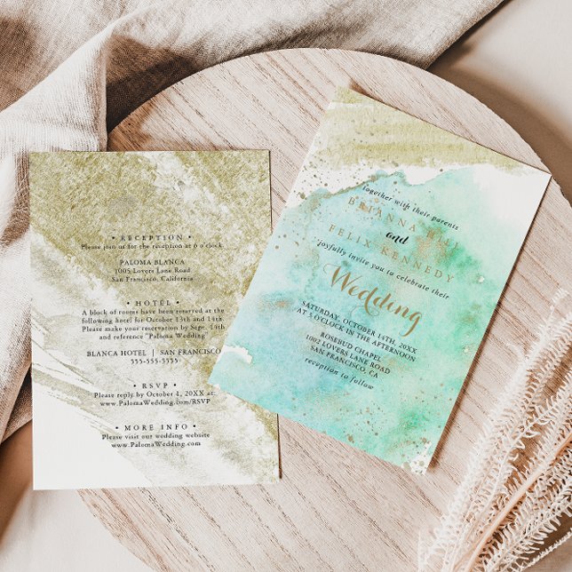 Modern Gold Green Calligraphy Front & Back Wedding Invitation (Creator Uploaded)