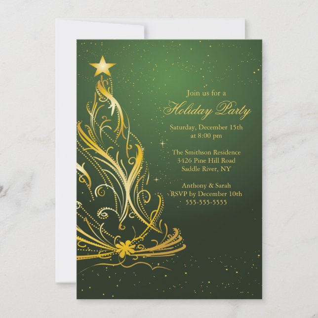 Modern Gold & Green Christmas Holiday Party Invitation (Front)