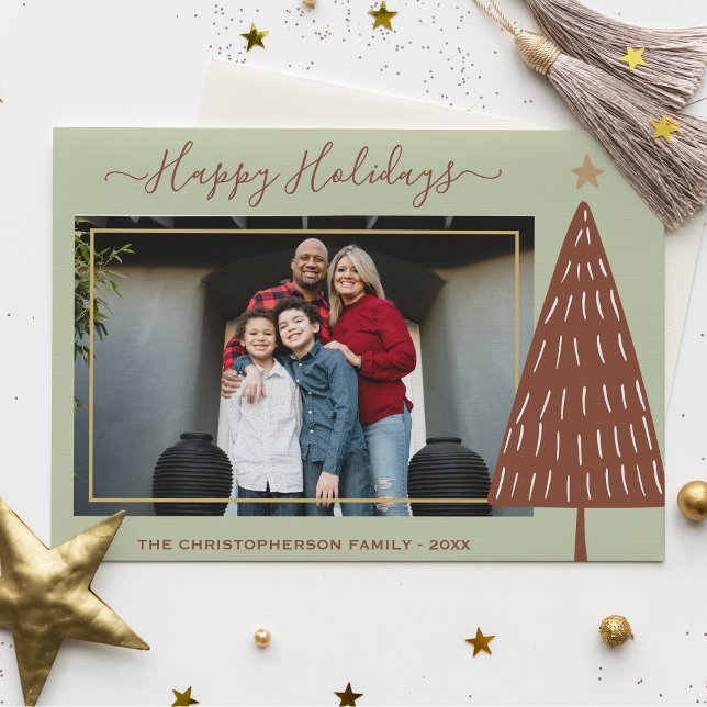 Modern Gold Green Christmas Tree Photo Holiday Postcard (Creator Uploaded)