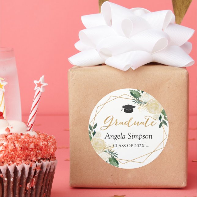 Modern Gold Green Floral Graduation Graduate Classic Round Sticker (Party)