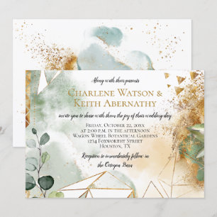 Modern Gold Green Geometric Botanical Wedding Invitation