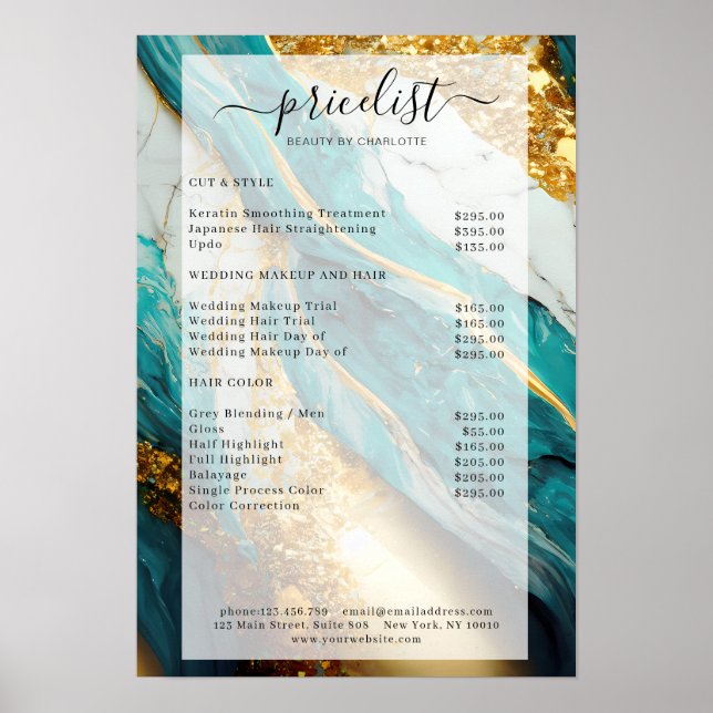 Modern Gold-Green-Glitter Marble Salon Preisliste Poster (Front)
