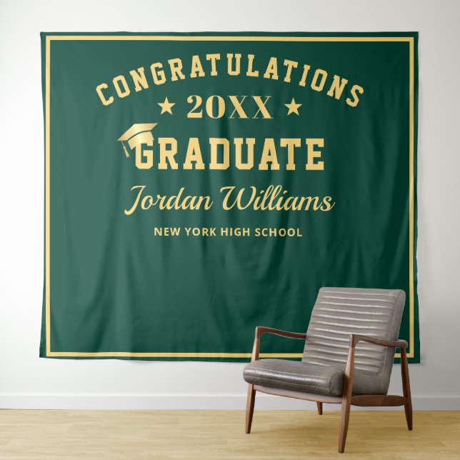 Modern Gold Green Graduation Photo Booth Backdrop Tapestry (In Situ (Horizontal))