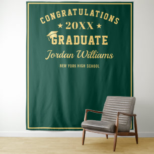 Modern Gold Green Graduation Photo Booth Backdrop Tapestry