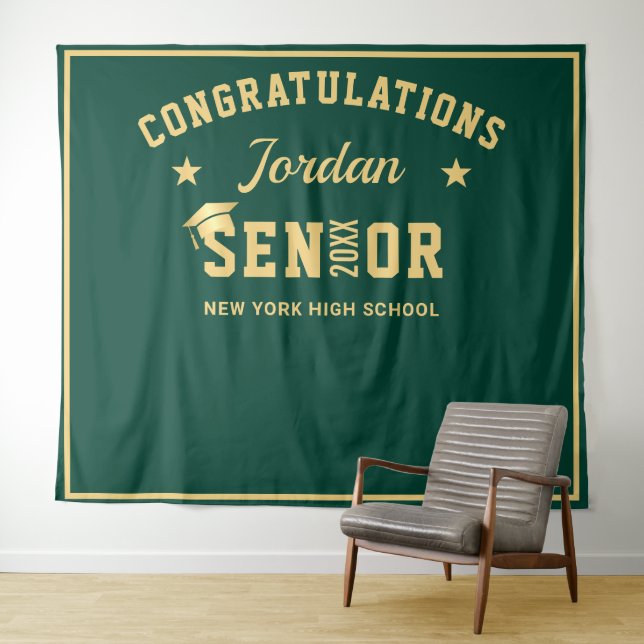 Modern Gold Green Graduation Photo Booth Backdrop Tapestry (In Situ (Horizontal))