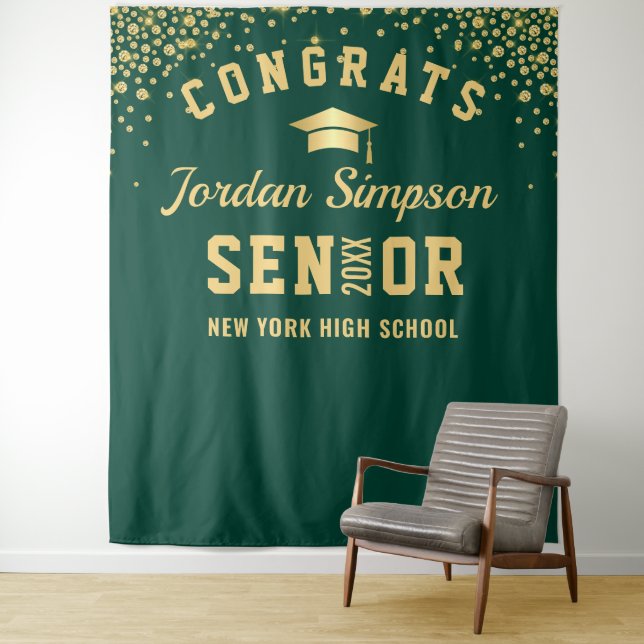 Modern Gold Green Graduation Photo Booth Backdrop Tapestry (In Situ)