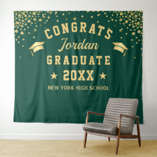 Modern Gold Green Graduation Photo Booth Backdrop Tapestry