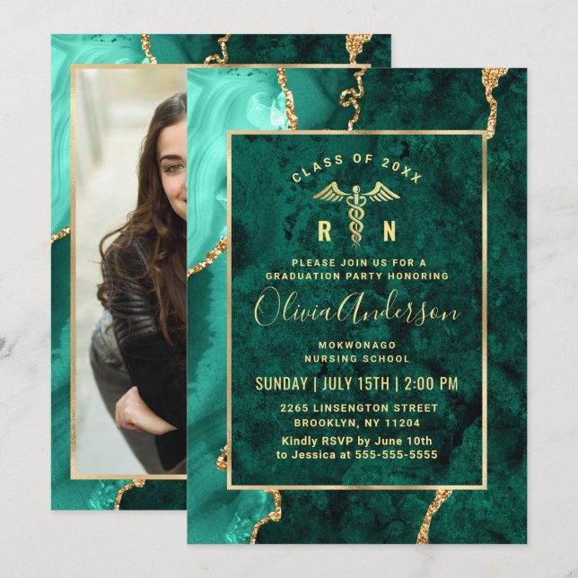 Modern Gold Green Nursing School Graduation Party Invitation (Front/Back)