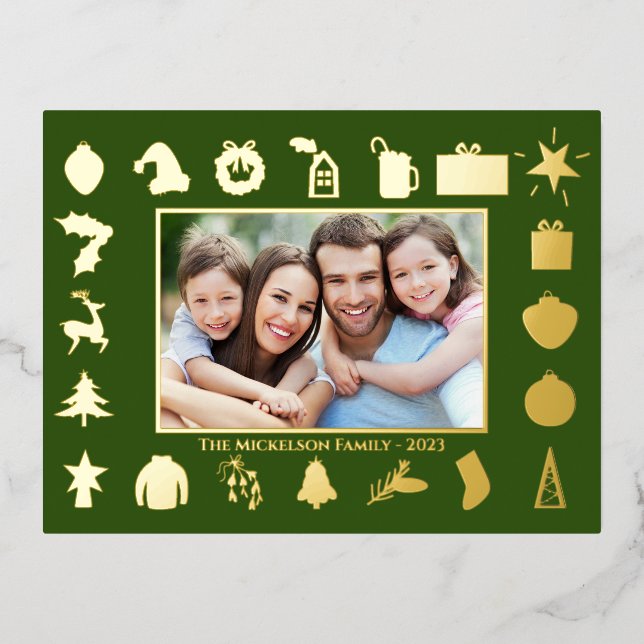 Modern Gold Green Photo Christmas Foil Holiday Postcard (Front)