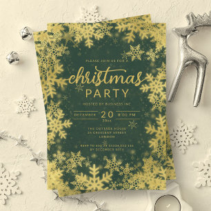 Modern Gold Green Snowflakes Company Christmas  Invitation