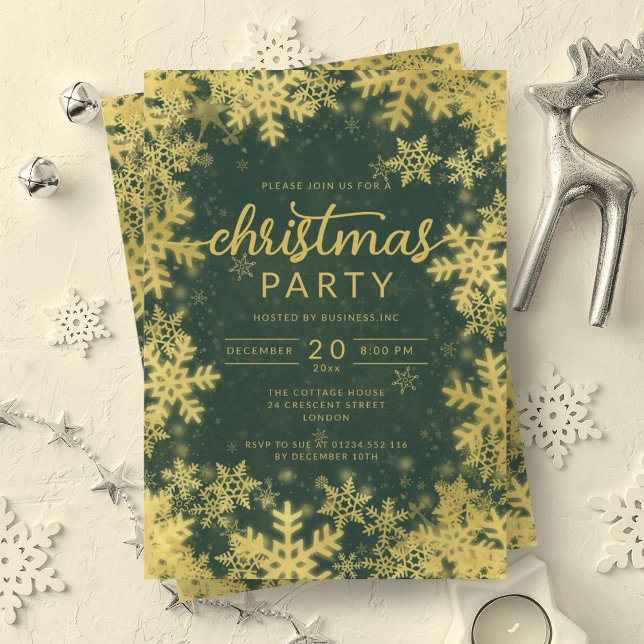 Modern Gold Green Snowflakes Company Christmas  Invitation (Modern Gold Green Snowflakes Company Christmas Invitation)