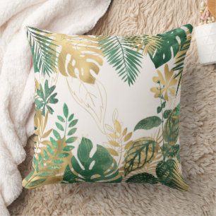 Modern Gold Green Tropical Leaves  Cushion