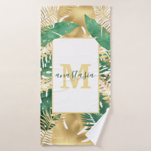 Modern Gold Green Tropical Leaves Monogram  Bath Towel Set
