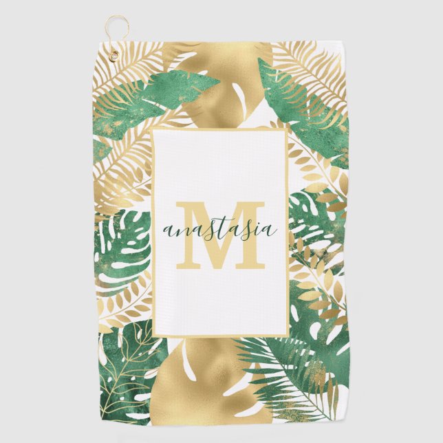 Modern Gold Green Tropical Leaves Monogram  Golf Towel (Front)