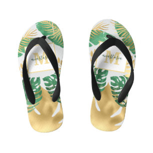 Modern Gold Green Tropical Leaves Monogram Kid's Flip Flops