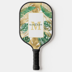 Modern Gold Green Tropical Leaves Monogram  Pickleball Paddle