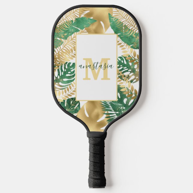 Modern Gold Green Tropical Leaves Monogram  Pickleball Paddle (Front)
