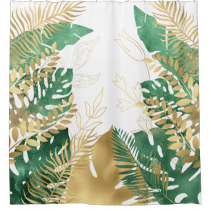 Modern Gold Green Tropical Leaves  Shower Curtain