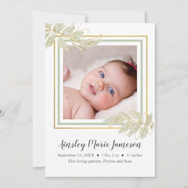 Modern Gold Green White Botanical Baby Girl Birth Announcement (Front)