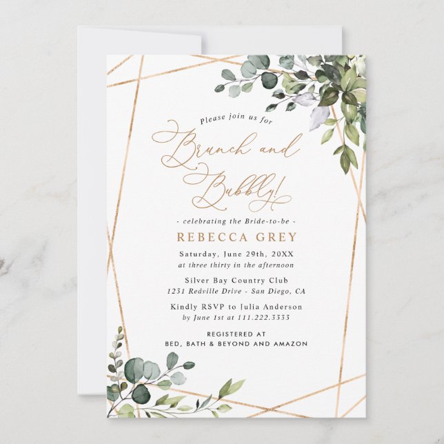 Modern Gold Greenery Brunch & Bubbly Bridal Shower Invitation (Front)