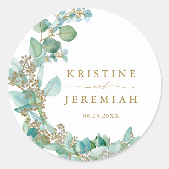 Modern Gold Greenery Eucalyptus Watercolor Wedding Classic Round Sticker (Front)