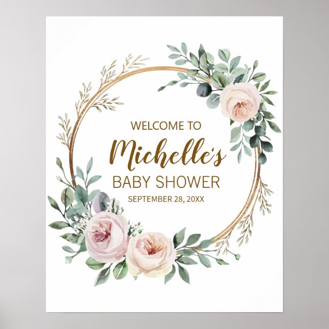 Modern Gold Greenery girl baby shower welcome sign (Front)