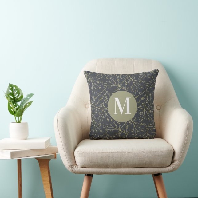 Modern Gold Greenish Yellow Fall White Monogram Cushion (Chair)