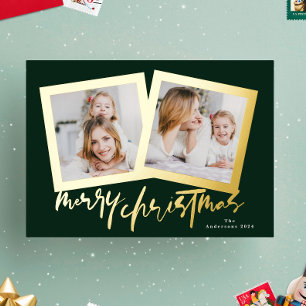 modern gold greens merry christmas multi photo foil holiday card