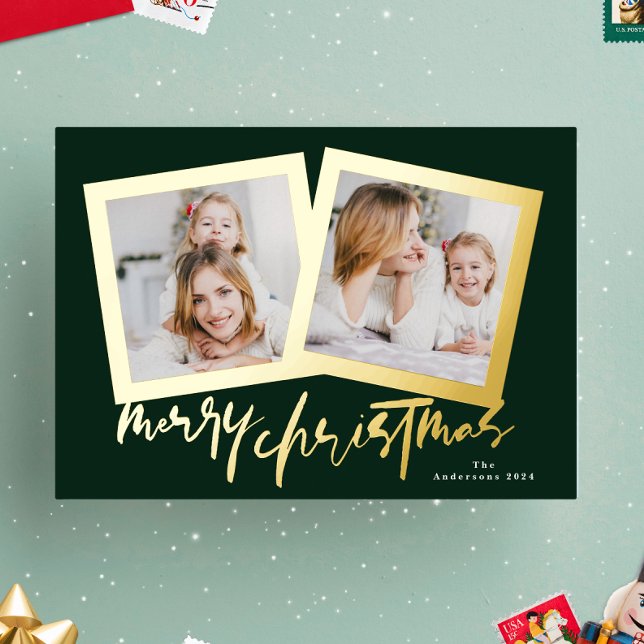 modern gold greens merry christmas multi photo foil holiday card (Creator Uploaded)
