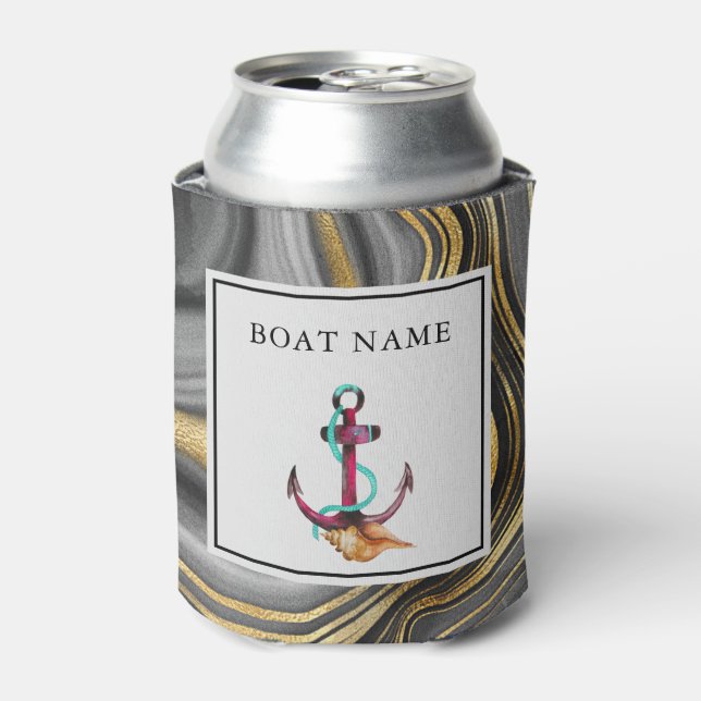 Modern Gold & Grey Agate Geode & Anchor Boat Name Can Cooler (Can Front)