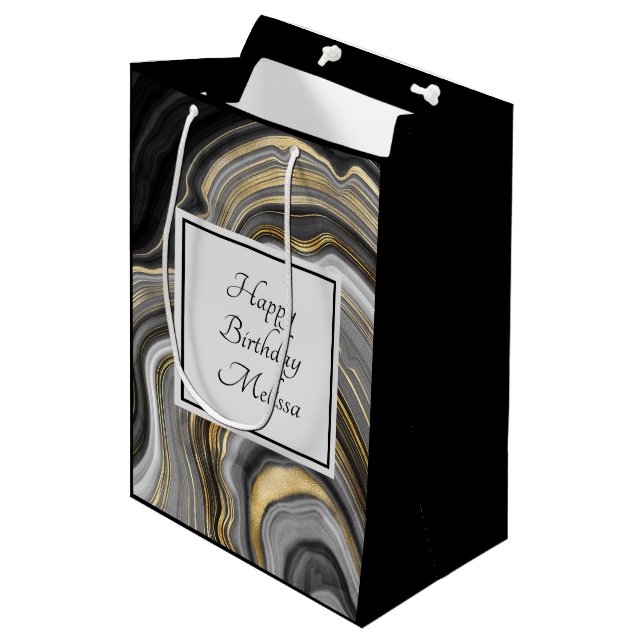 Modern Gold & Grey Agate Geode Gemstone Birthday Medium Gift Bag (Front Angled)