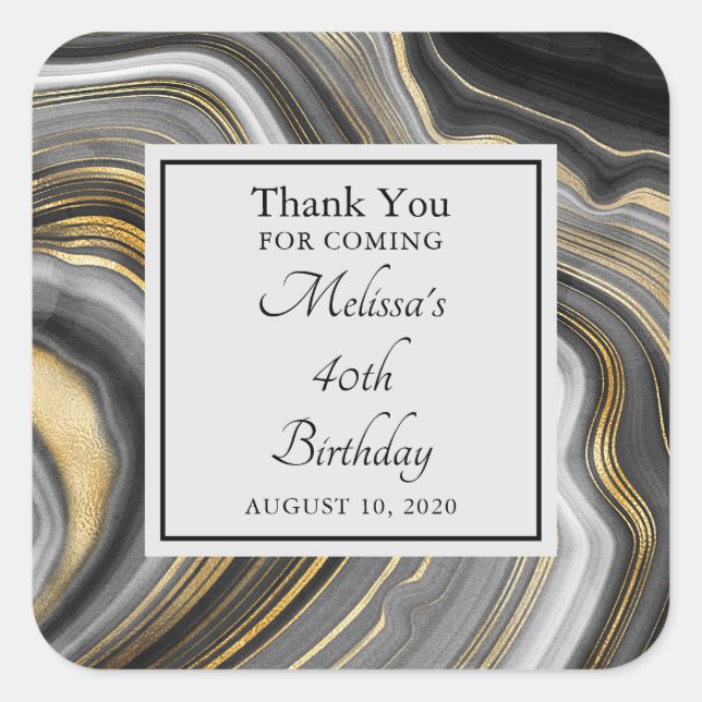 Modern Gold & Grey Agate Geode Gemstone Birthday Square Sticker (Front)